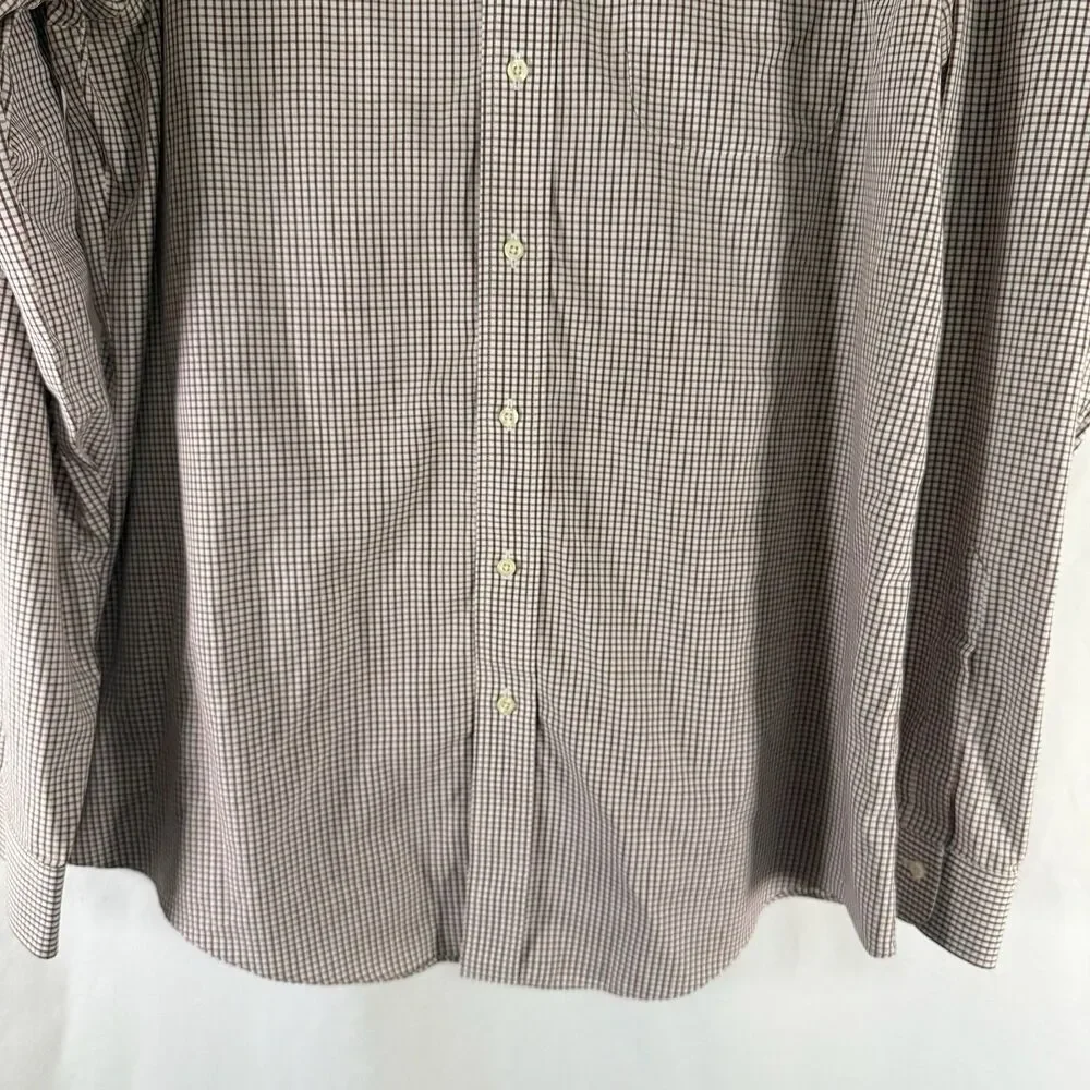 Brooks Brothers Dress Shirt Mens 17.5 38 White Brown Plaid Button Up Long Sleeve